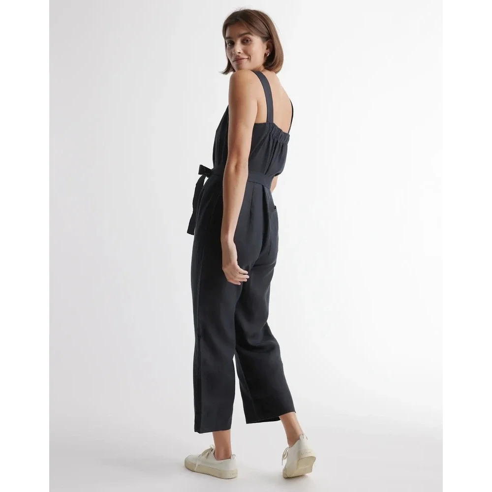 NWT Quince European Linen Square Neck Jumpsuit Womens S Black Tie Waist Wide Leg